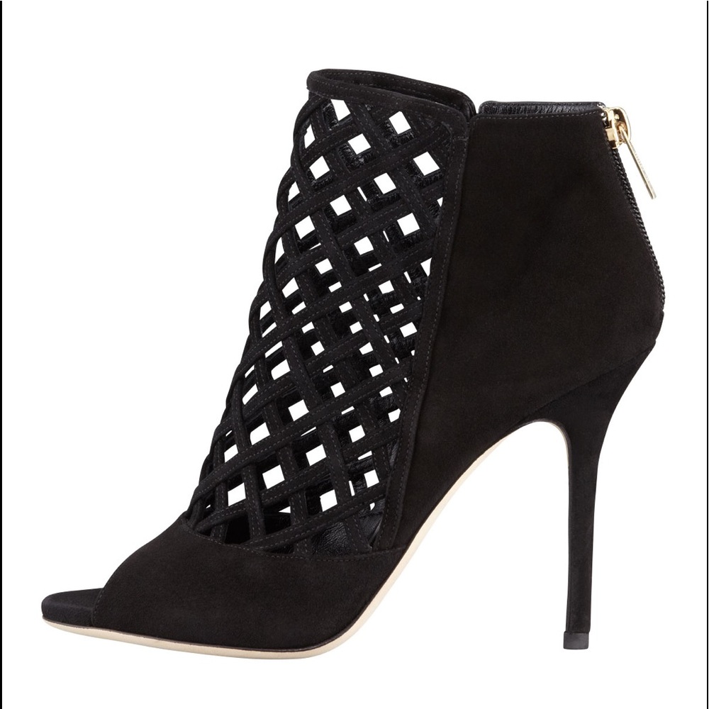 Jimmy Choo Drift Suede Open Toe Black Bootie Size 38